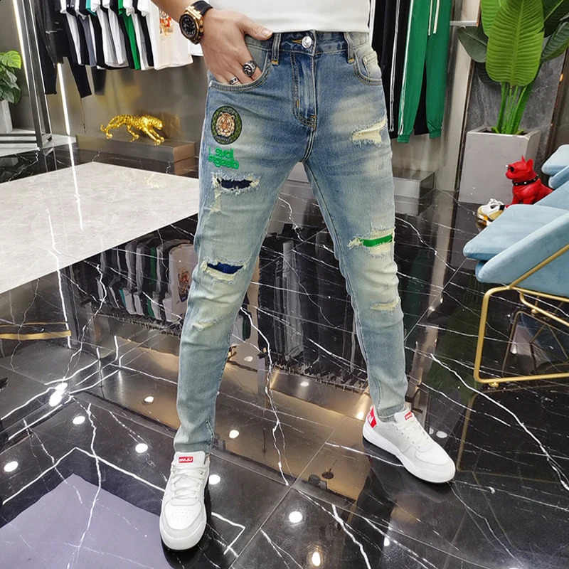 mens open top patchwork jeans embroidered leggings high-quality ultra-thin retro blue hip-hop jeans streetwear mens denim Trouser 250118