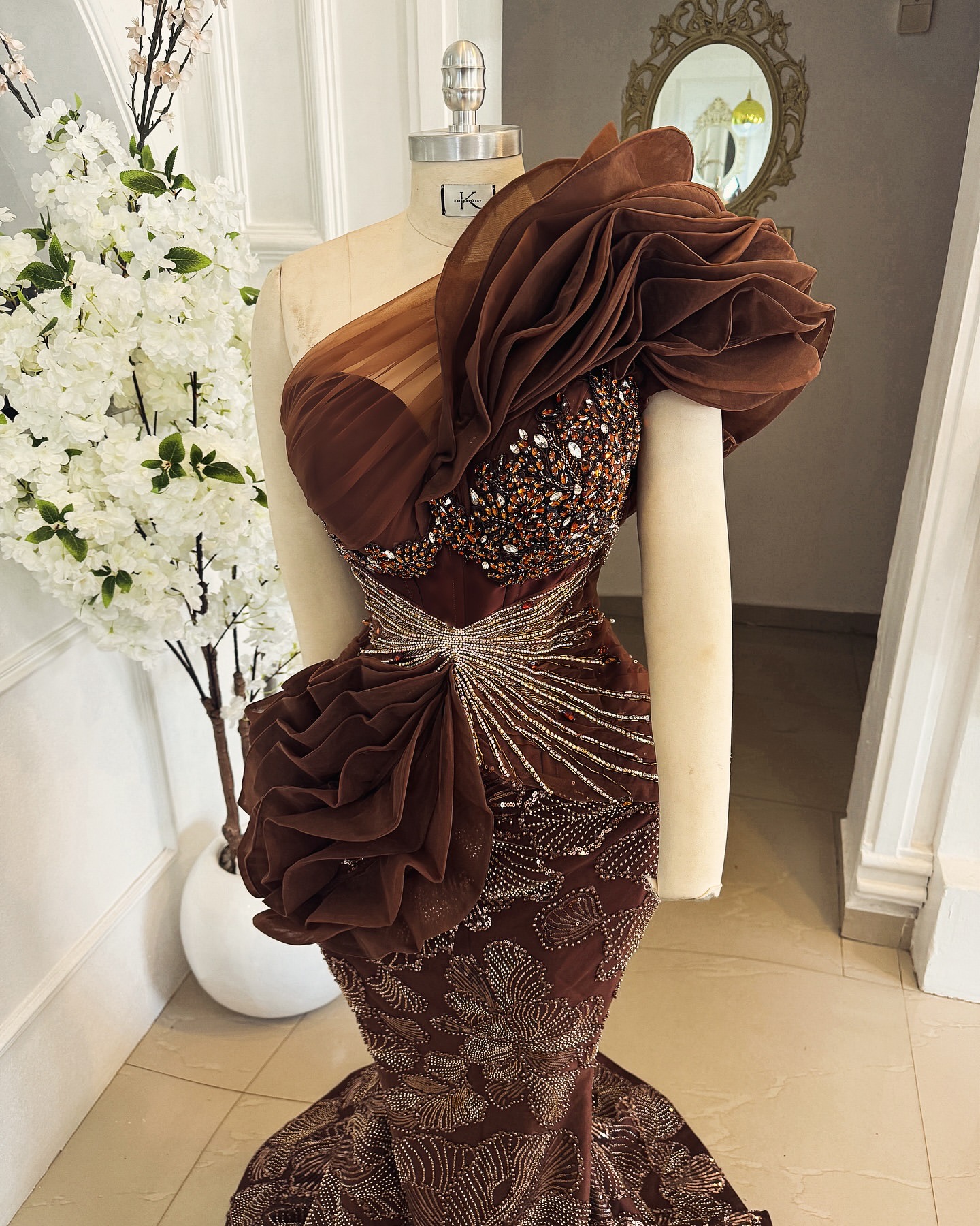 Aso Ebi Chocolate Mermaid Prom Dresses 2025 ral Lace Crystals Evening Formal Party Second Birthday Engagement Gowns Plus Size Dress For Special Ocns