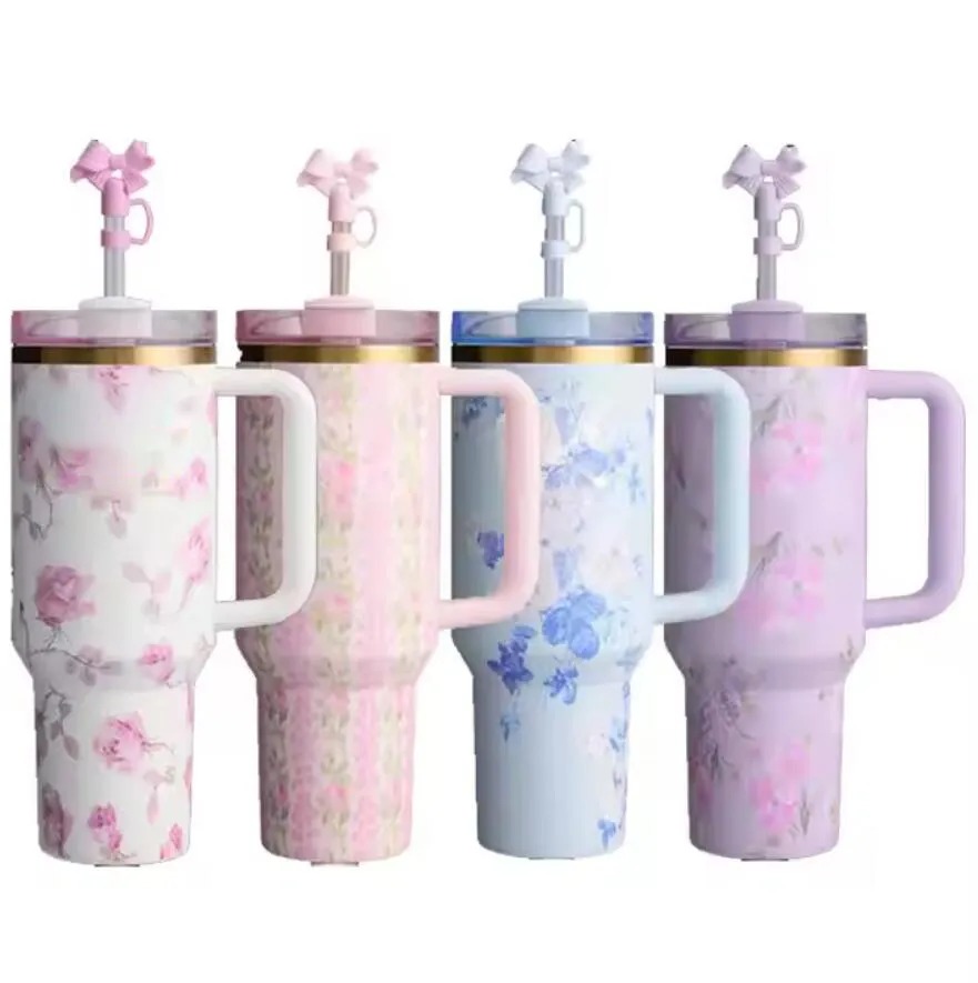 New US STOCK Heart Red Magnolia Pink Rose Floral Tumblers H2.0 40oz Valentines Day Stainless Steel Tumblers Cups Travel Car mugs Bow Tie 40 oz Water Bottles