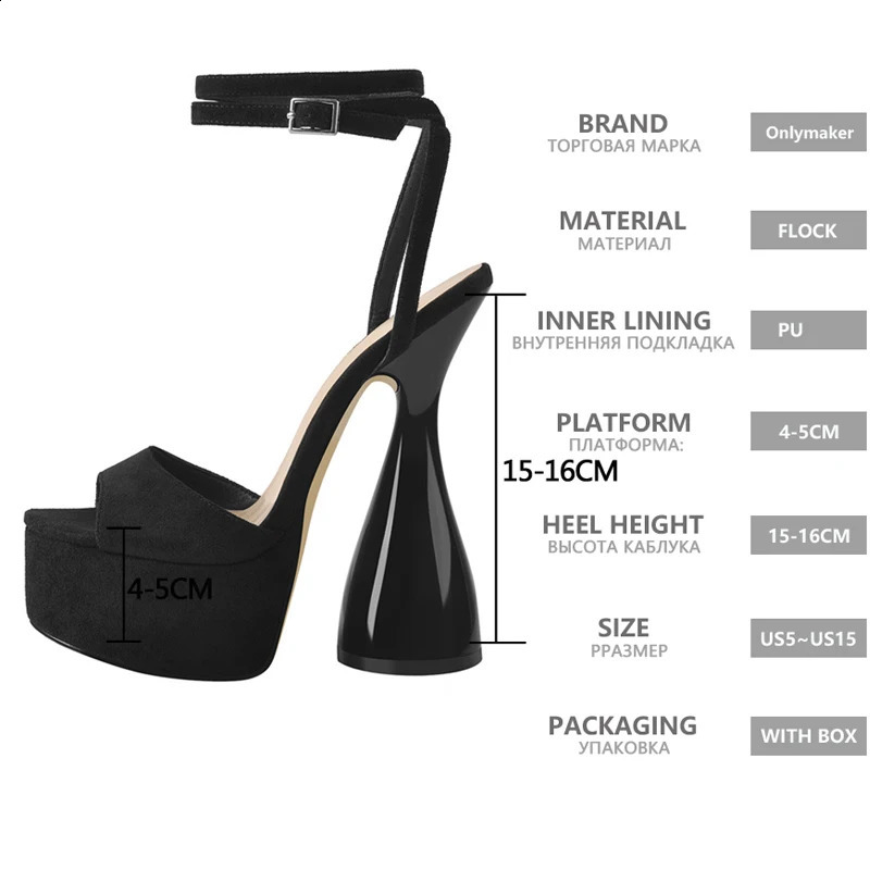 Onlymaker Women Peep Toe Sandals Black Flock Platform Ankle Strap High Heel Shoes Female Big Size Party Dress Sexy 250117BJ - view 7