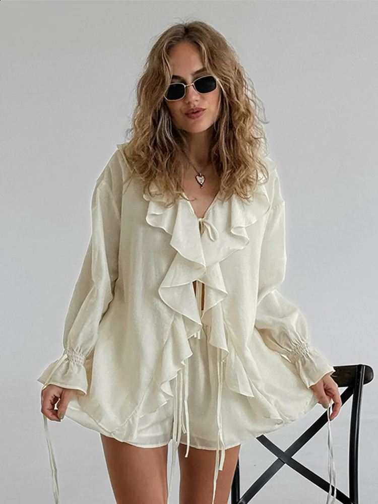 Casual Ruffles Shorts Suits Women Loose See Through V Neck Hollow Out Sets Female 2025 Spring Fashion Lace Up Sets Lady 250116