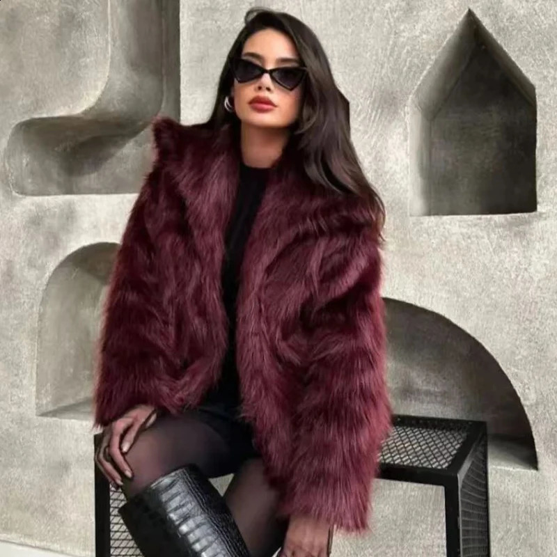 HXAO Womens Fur Coat Women 2024 Plush Burgundy Bomber Jacket Solid Crop Long Sleeve Warm Winter Coats Woman Casual y250113Z