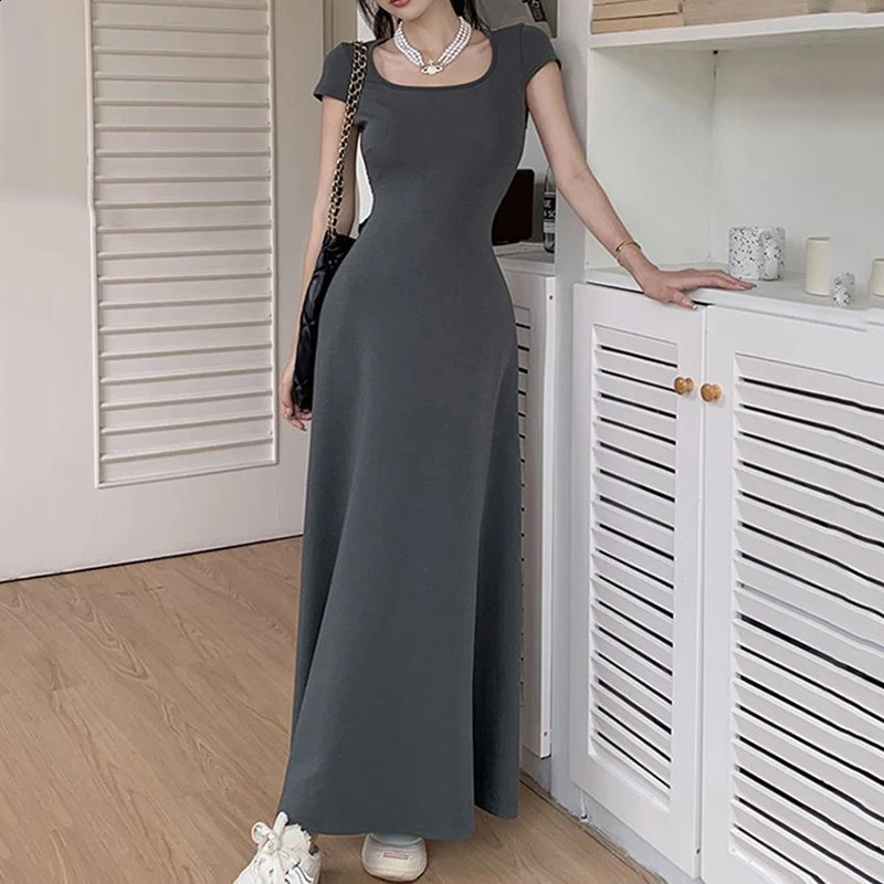 Rimocy Slim Fit Sexy Maxi Dresses for Women 2024 Summer Short Sleeve Bodycon Dress Woman Round Neck Party Club Sundress Ladies 250110Z
