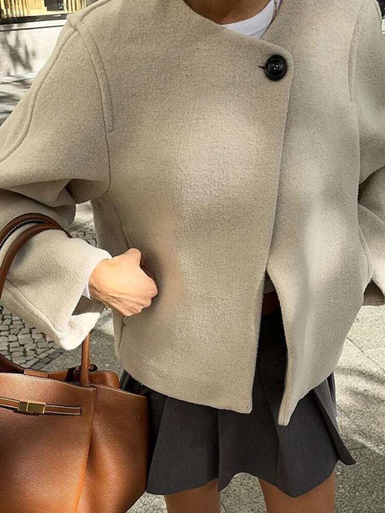 Elegant Solid Round Neck Loose Short Coat Women's Fashion Long Sleeve One Button Jacket New Lady Commute Street Outerwear