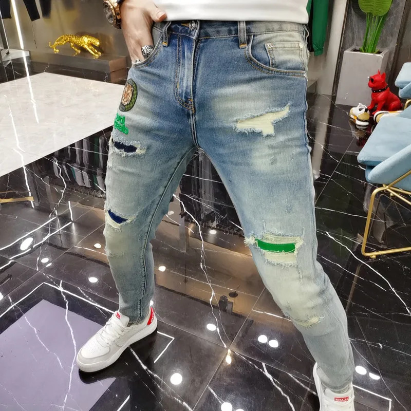 mens open top patchwork jeans embroidered leggings high-quality ultra-thin retro blue hip-hop jeans streetwear mens denim Trouser 250118