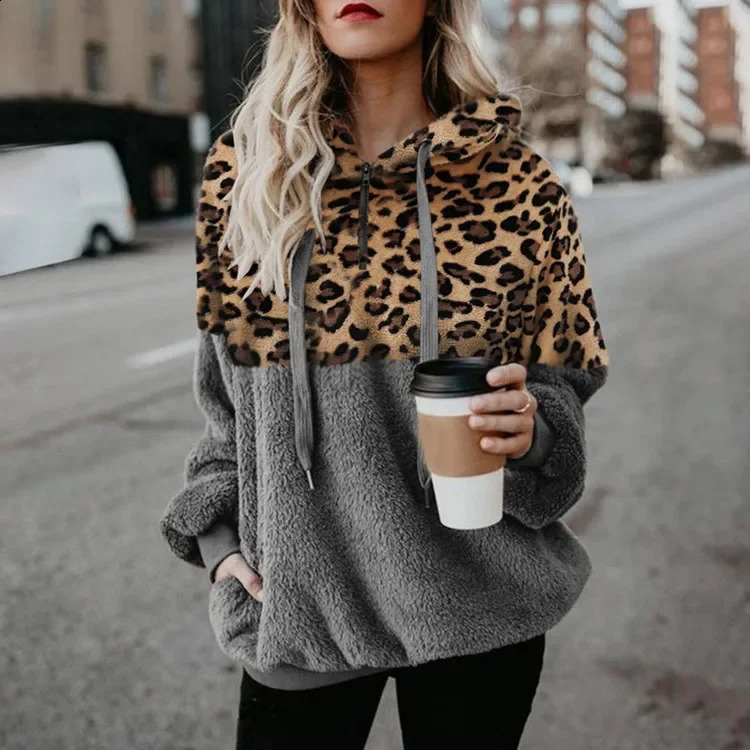 Autumn/Winter Sexy Leopard Pattern Hoodies for Women Zipper Pocket Womens Top Plush Sweatshirts 250113