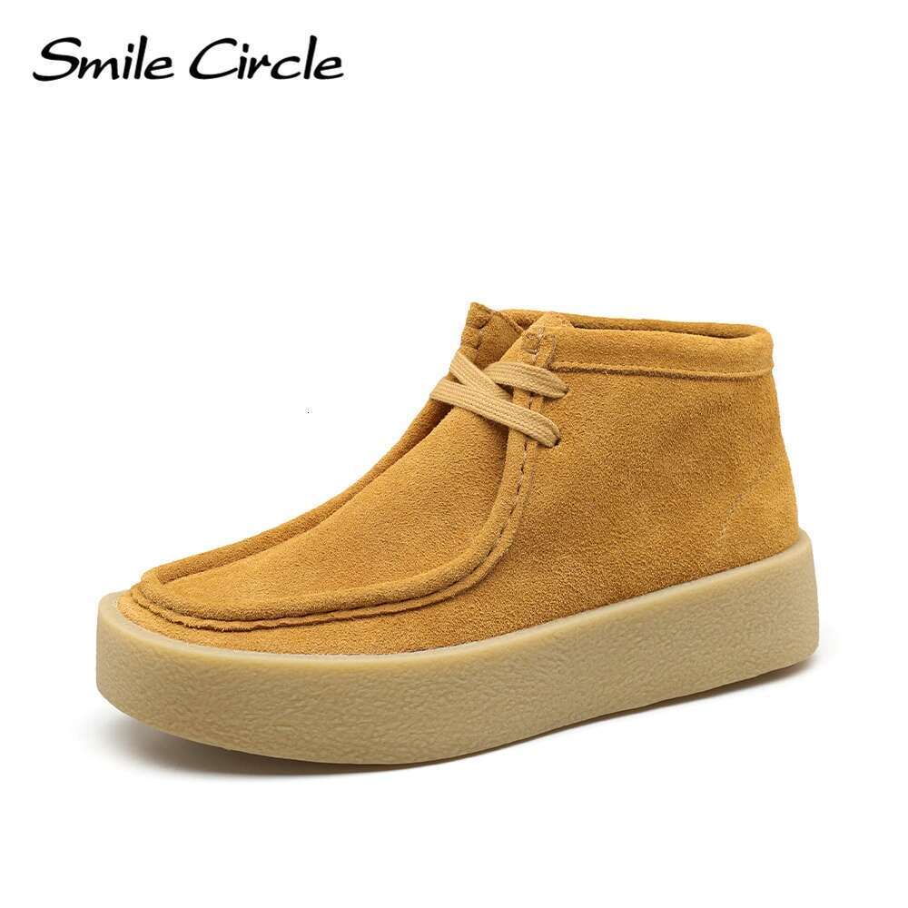 Smile Circle Cow Suede Leather Women Lace up Ankle Boots Thick Bottom Comfortable Flat Casual Shoes