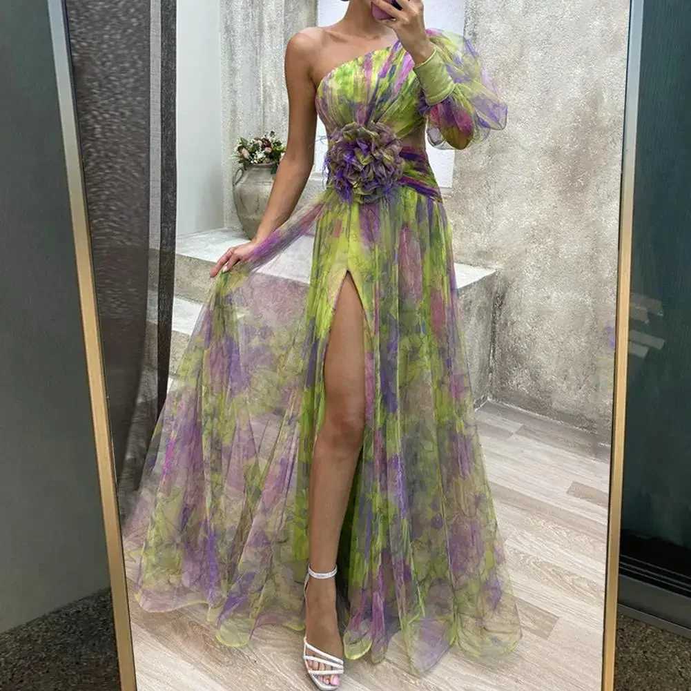 Basic Casual Dresses Elegant Formal Party Dress Elegant One Shoulder Tie-dye Ball Gown with Mesh Bubble Slves Split Hem Womens Evening Dress H25121