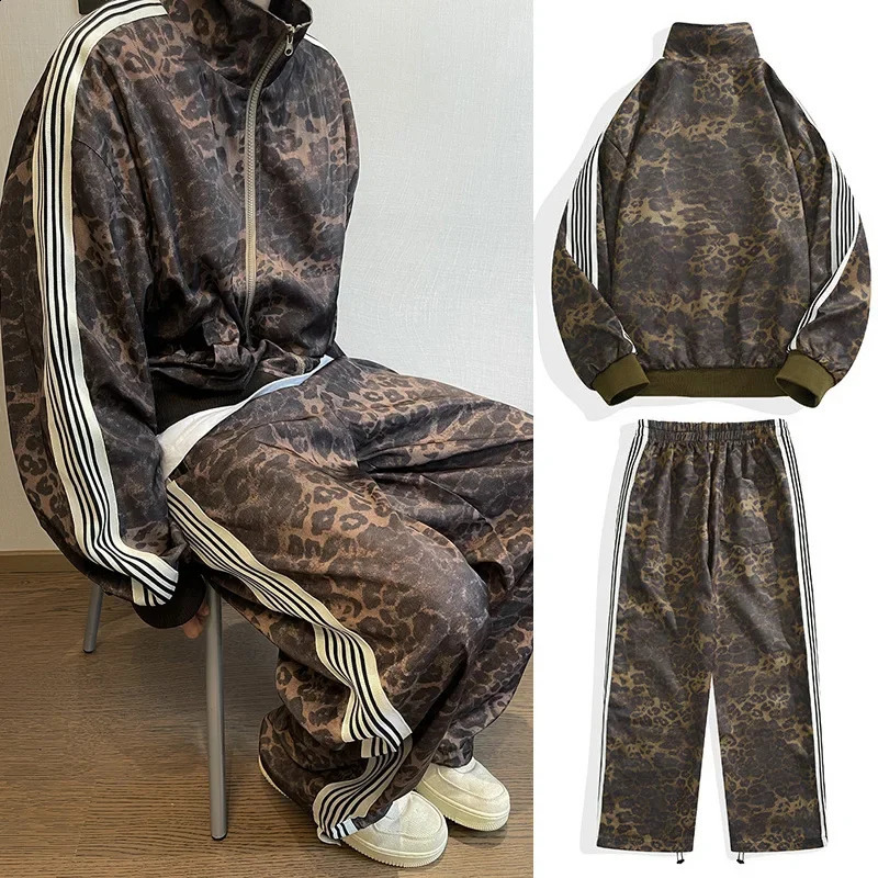 Vintage Leopard Print Sports Suit Jacket Sweatpants For Men Hip Hop Style Digital Printing Striped Vest 250120