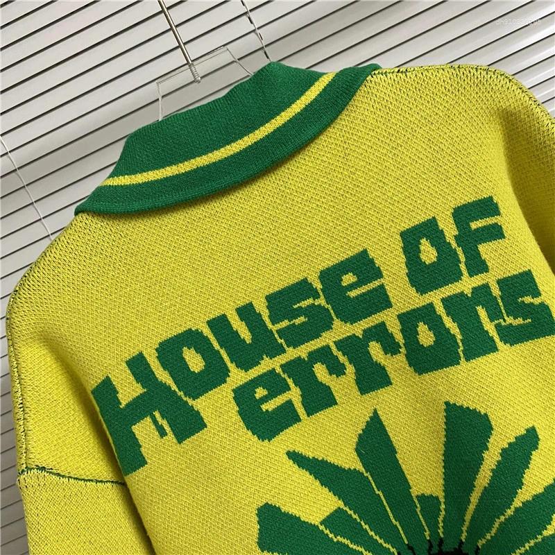 Men's Polos American House Of Error Eye Truth Number 20 Green Simple Lines Jacquard Embroidery Logo Polo Collar Contrast Knitted Sweater