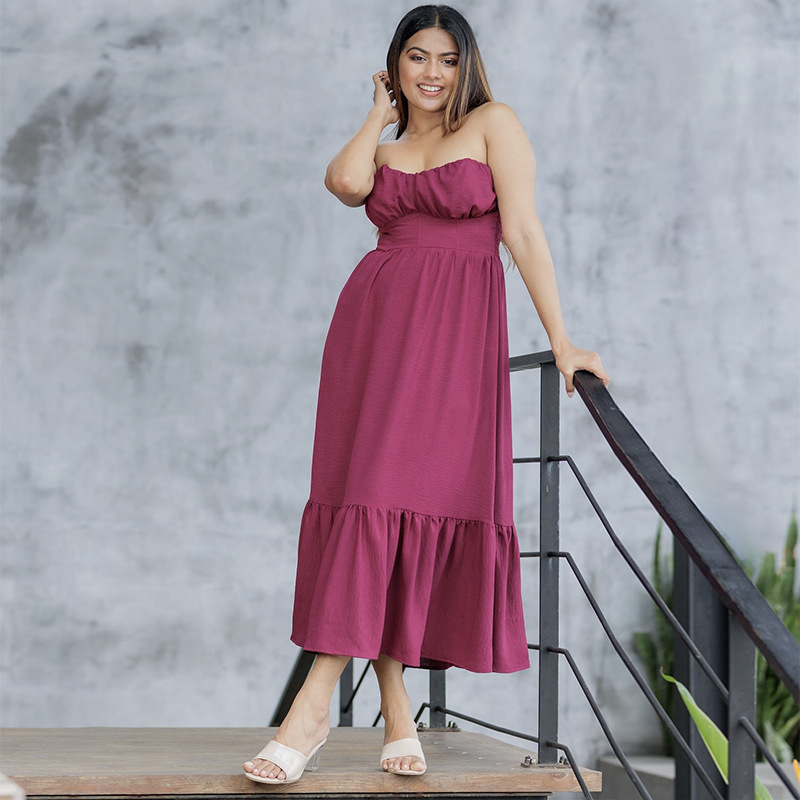 T5170 Women's 2025 Spring New Fashion Tube Top Sleeveless High Waist Slim Fit Pleated Long Dress