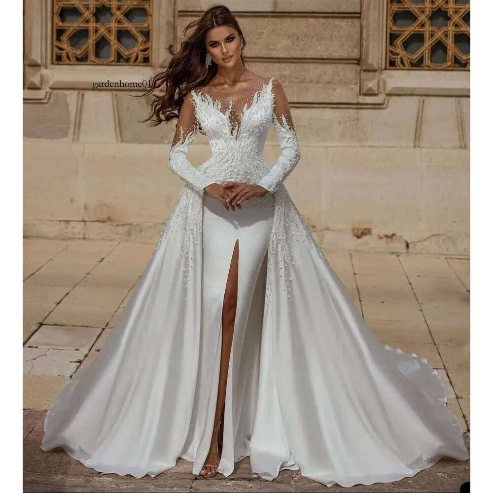Dubai Arabic Pearls Wedding Dresses Mermaid Sheer Beading Bridal Gowns Custom Made Split Detachable Train Vestidos De Noiva YD