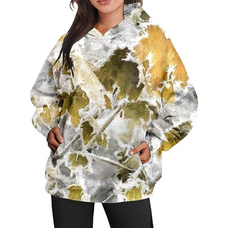 Autumn Camouflage Hoodies Maple Leaf 3D Print Women Casual Streetwear Long Sleeve Hooded Sweatshirts Pullovers Female Clothing 250113