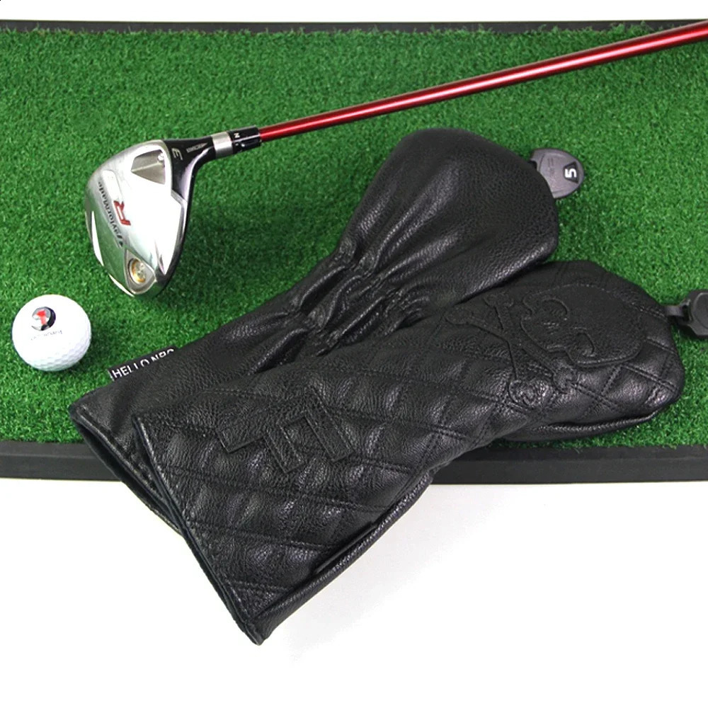 GLOOF Golf Skull Skeleton Head Cover Golf Club Black Leather cover set Fits Driver Fairway Wood Hybrid Golf supplies 250110