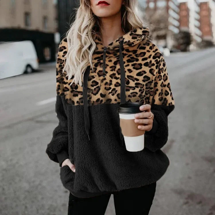 Autumn/Winter Sexy Leopard Pattern Hoodies for Women Zipper Pocket Womens Top Plush Sweatshirts 250113