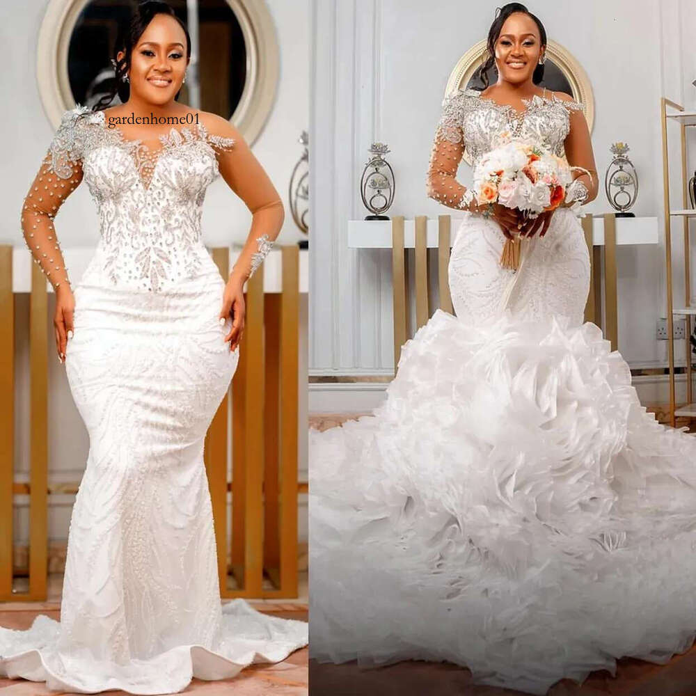 Aso Arabic Ebi Plus Size Ivory Urious Mermaid Wedding Dresses Lace Beaded Crystals Detachable Train Bridal Gowns Dress