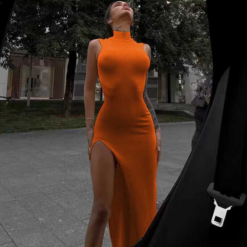 Basic Casual Dresses Y2k Slveless Orange Midi Womens Dresses Side Slit Turtleneck Setting Bodycon Sexy Party Elegant Dress 2024 Basic Vintage Robe H25