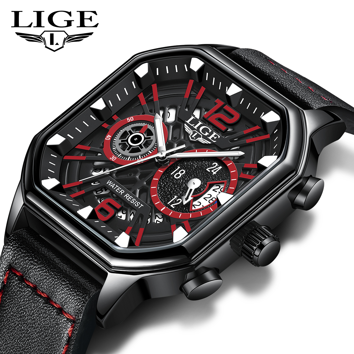 LIGE Men's Business Quartz watch Premium brand watch Premium leather strap Square dial Men's six-pin multi-function waterproof watch Holiday