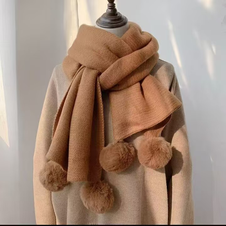 T109 solid color plush ball knitted scarf for women in autumn and winter Korean style fashionable and versatile medium and long warm neck scarf