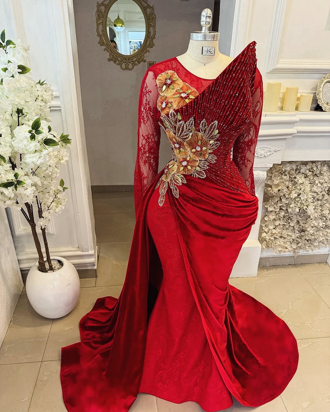 Aso Ebi Red Mermaid Prom Dresses 2025 Ral Lace Crystals Beaded Veet Evening Formal Party Second Birthday Engagement Gowns Plus Size Dress For Special 