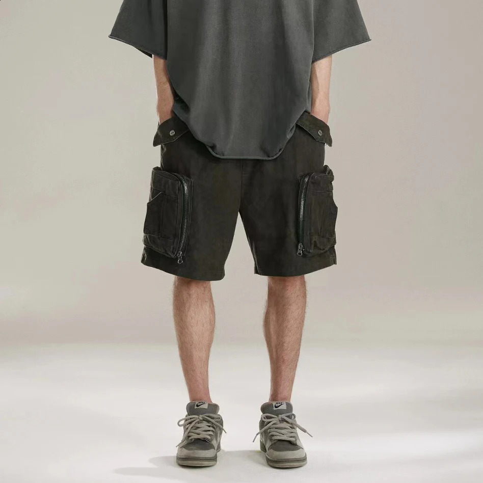 Heavy Industry Tie Dyed Canvas Washed Shell Shorts for Men and Women Wide Leg Baggy Cargo Short Oversize Loose Knee Length Pants 250109