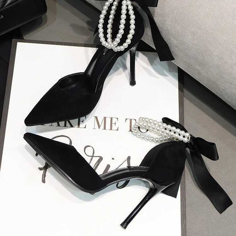 Wens Fashion Bow Sandals Summer Black Simation Pearls Shoes Sexy Pointed Stiletto Party Off High Hot New H Zapatos De Fiesta Z250121