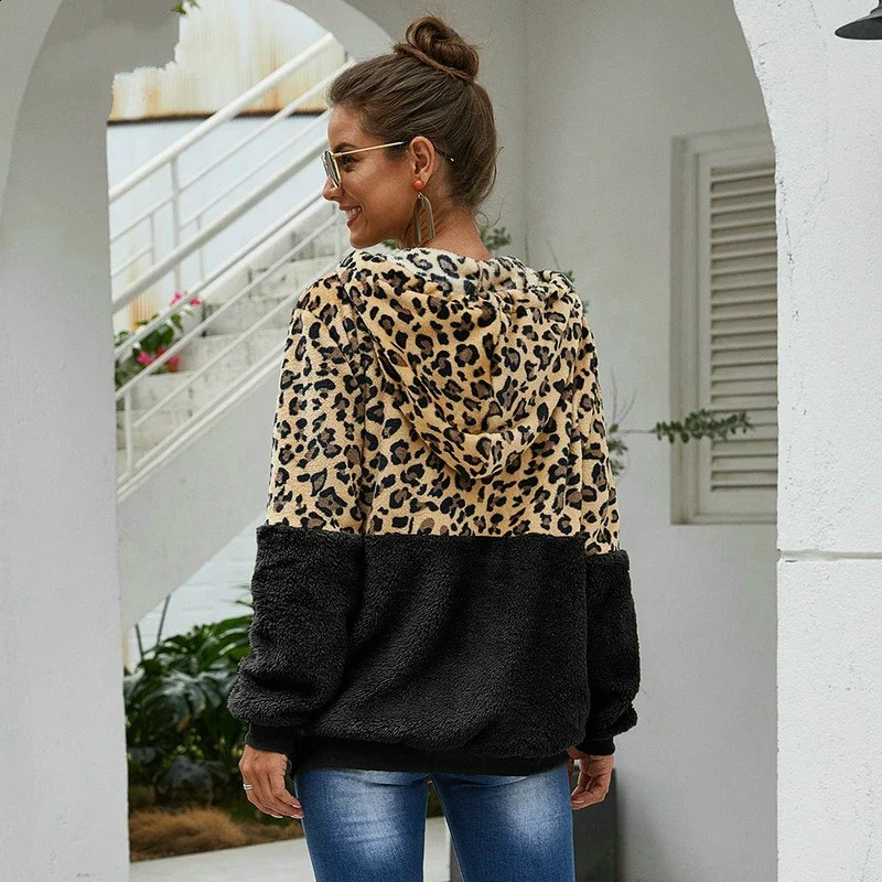 Autumn Winter Leopard Sweatshirts Women Long Sleeve Hooded Hoodies Casual Zipper Thick Hoodie Top Warm Coat Polerones Mujer 250113