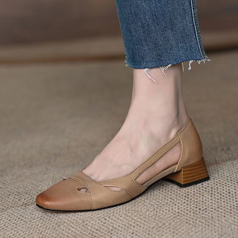 Women Dress Shoes Fashion Chunky Heel New Style French Vintage Triple Apricot Free shipping