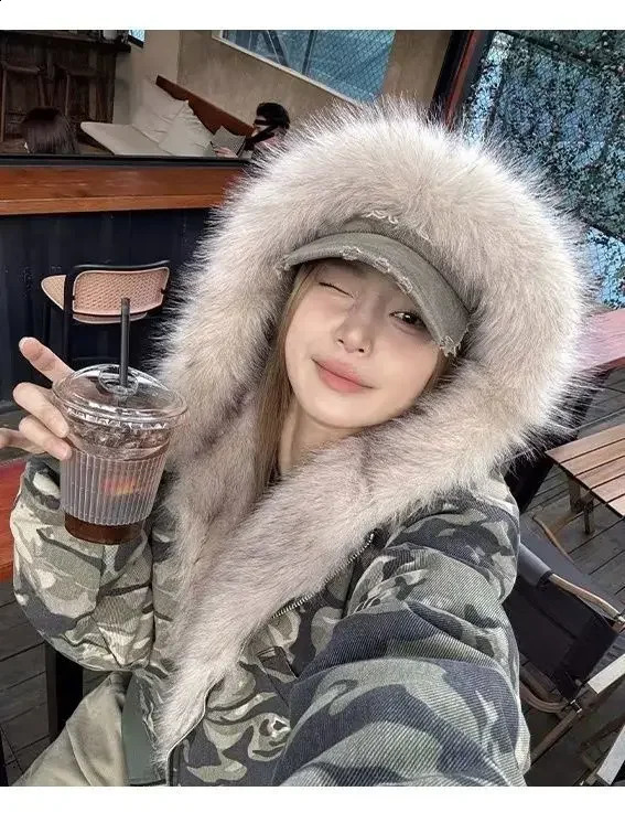 American Vintage Camouflage Plush Hat Jacket Y2K High Street Hip hop Harajuku Loose Women Make Old Hoodies Fashion Streetwear 250113