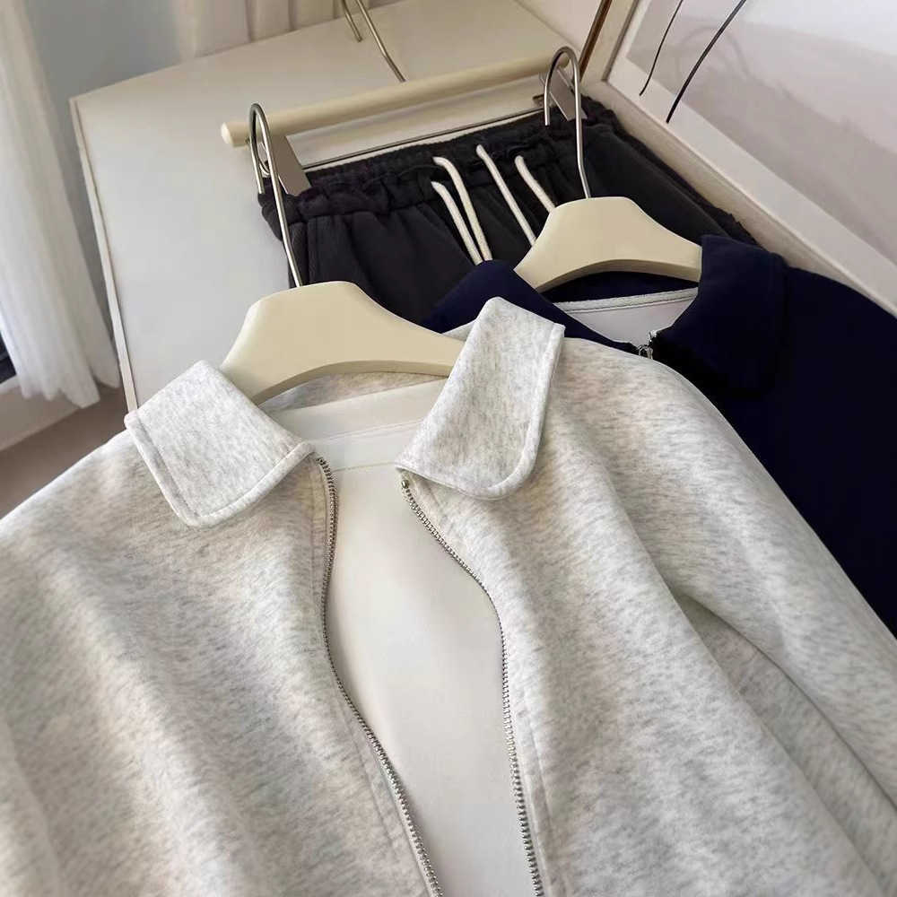 Flip Collar Double Zipper Hoodie For Women Autumn And Winter With Thick Cardigan Jacket Short Loose Trendy Women Jackets Coat Woman 241209