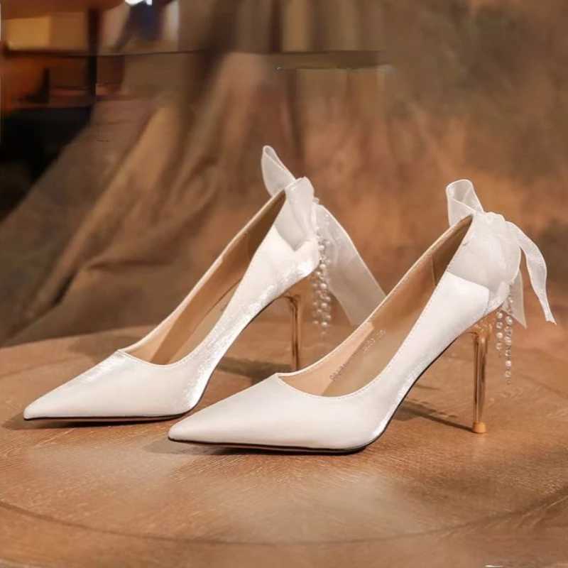 Wens Sandals Summer New High Pointed Satin Bow Beaded Wedding Shoes New Fashion Temperament Stiletto Hot Party H Z250121