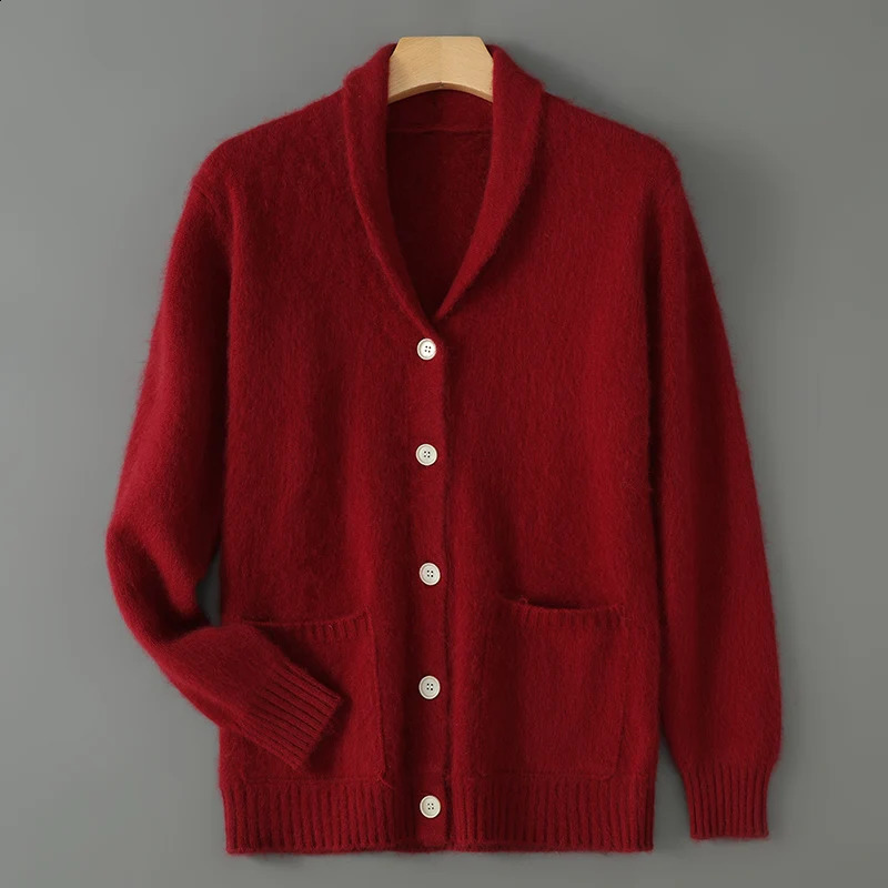 100 Mink Cashmere AutumnWinter Green Fruit Collar Cardigan Mens Loose Thick Sweater Coat Knitting Base Plus Size Clothing 250114Z