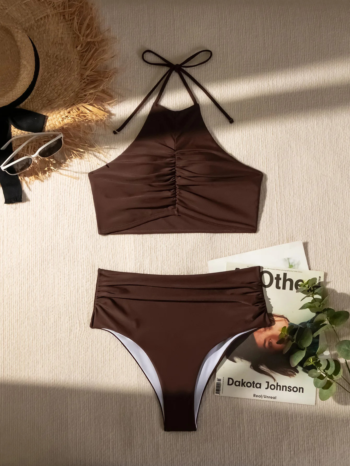 Sexy Halter Pleate Bikini Set 2024 Women Coffee Push Up Crop Top with High Waist Swimsuit Summer Holiday Bathing Suit Swimwear 250118