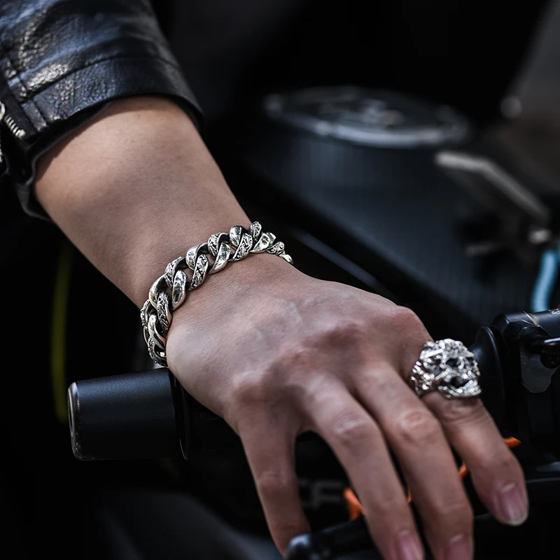 S925 Silver Vintage Cuban Bracelet Mens Trend Dominant Locomotive Europe and America Mens Bracelet 250117