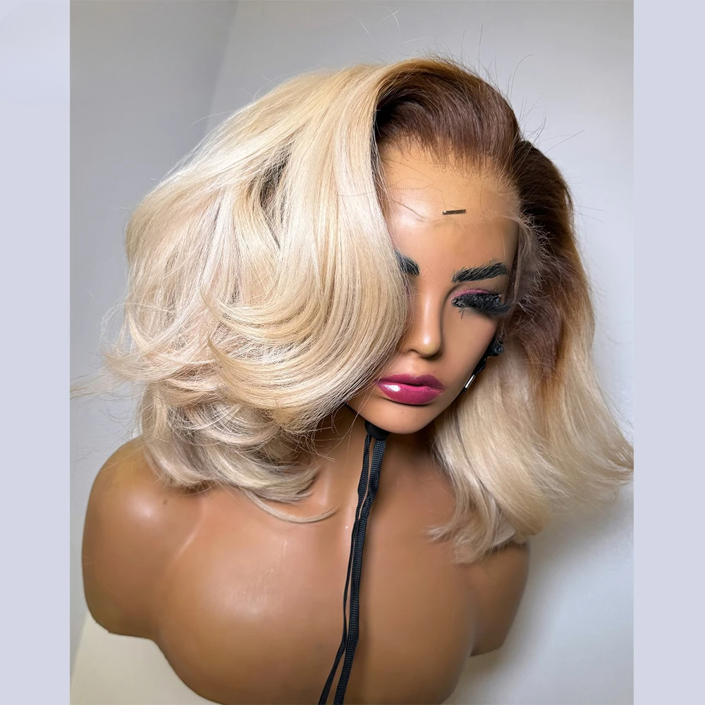 Ombre Blonde Short Bob Human Hair Wigs for Women 360 Lace Frontal Wig Human Hair 13x4 Transparent Lace Wig Ombre Honey Blonde Synthetic Wig 180%