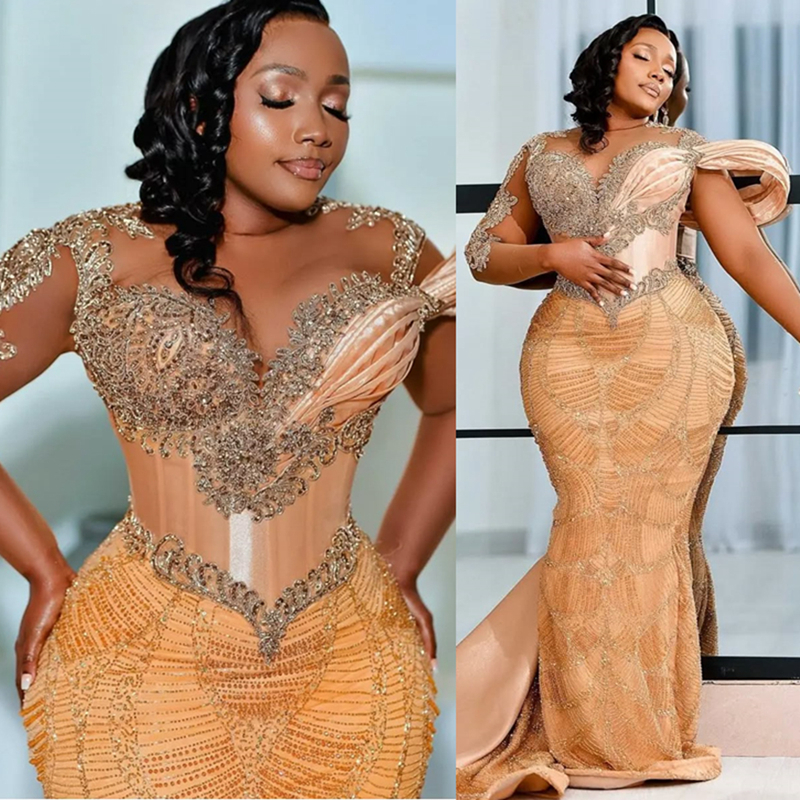 2025 Plus Size Aso Ebi Prom Dresses Mermaid Evening Dresses Illusion Sheer Neck Long Sleeves Appliqued Beaded Lace Birthday Dress Second Reception Gow