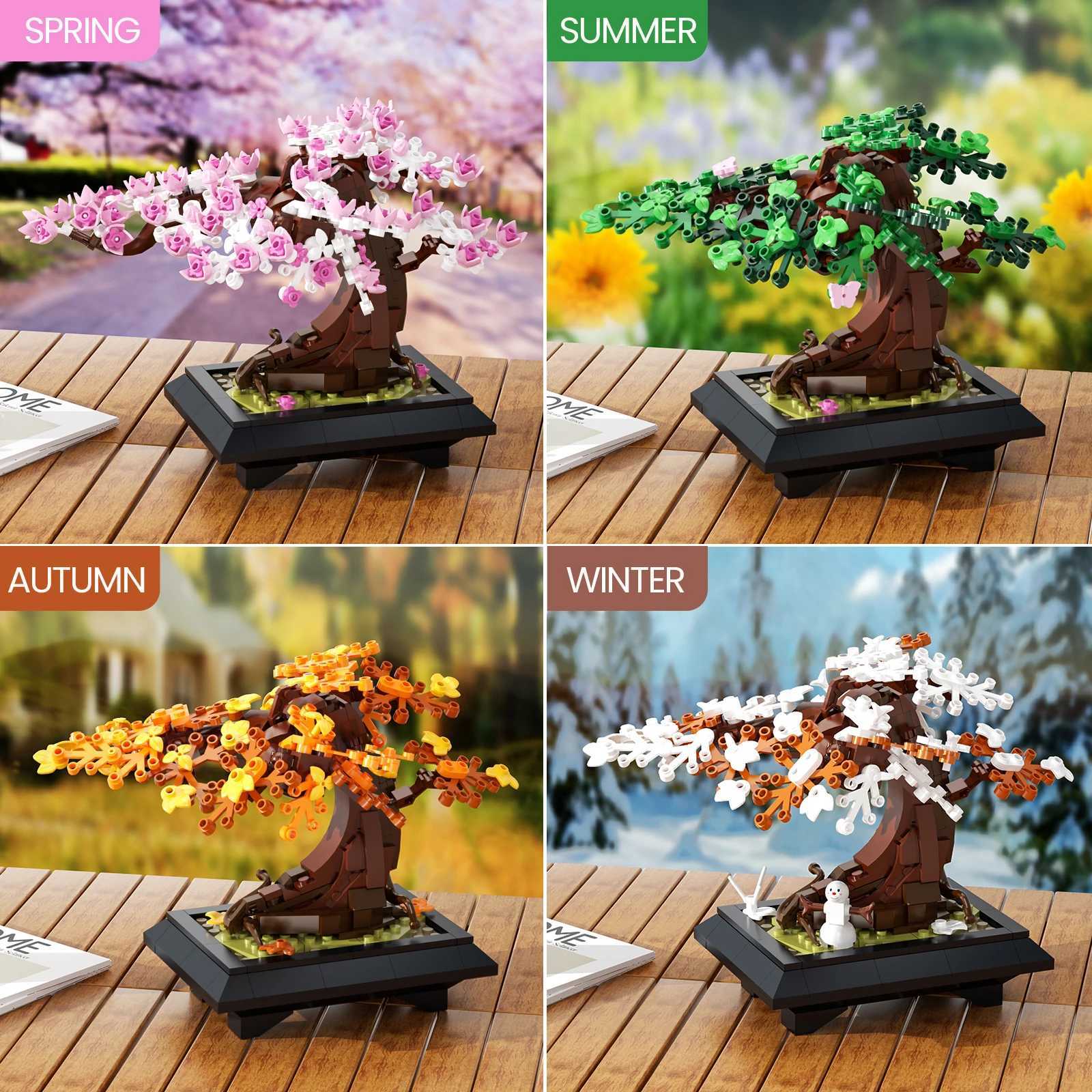 MOC Four Season Flower Tree Bricks Model Spring Summer Autumn Winter Bonsai Tree Home Decoration Building Blocks Toys Kids Gifts W250115