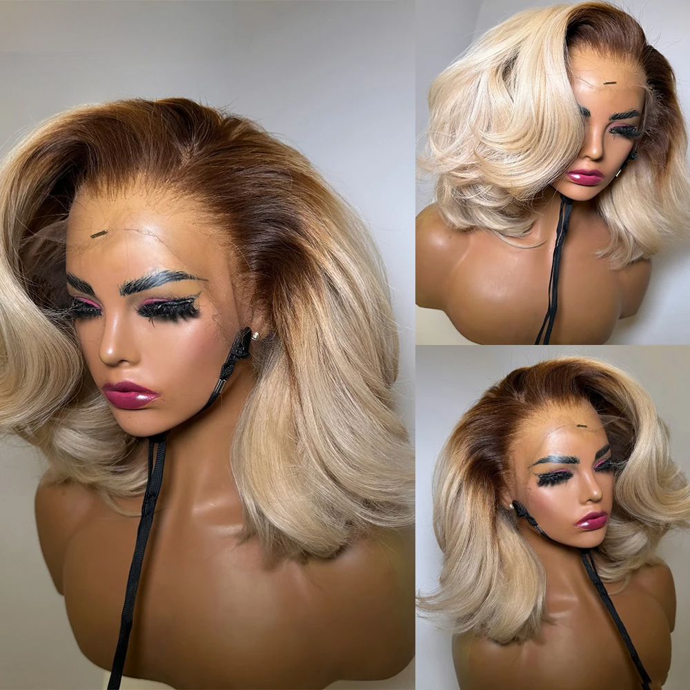 Ombre Blonde Short Bob Human Hair Wigs for Women 360 Lace Frontal Wig Human Hair 13x4 Transparent Lace Wig Ombre Honey Blonde Synthetic Wig 180%