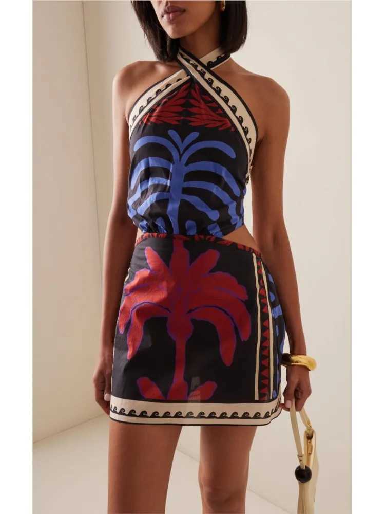Basic Casual Dresses Bohemian Print Halter Neck Mini Dresses Women Sexy Backless Leace-up Beach Vacation Dress Fashion Beachwear Vestidos Summer New H