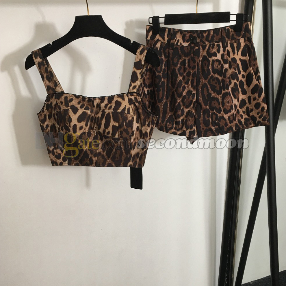 Leopard Print Short Pants Women Full Zipper Tanks Top Designer Two Piece Pants Casual Style Outfit