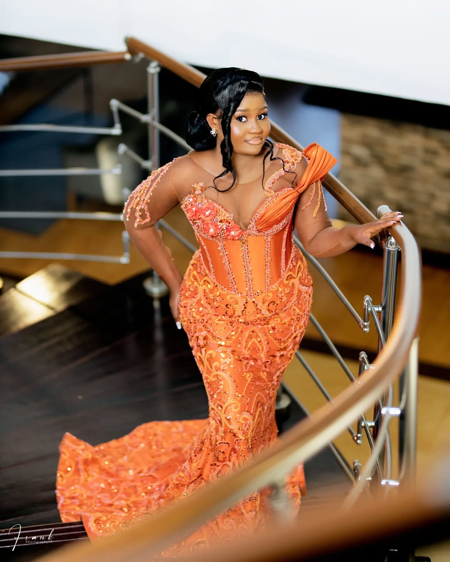Orange Mermaid Prom Dresses 2025 Sequined Lace Beaded Sheer Neck Evening Formal Party Second Birthday Engagement Gowns Plus Size Dress For Special Occ