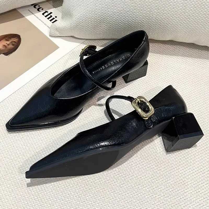 2024 Spring Pointed Toe Versatile New Style Single Square Heel Wens Shoes Medium Professional Dress French High Hot H Z250121