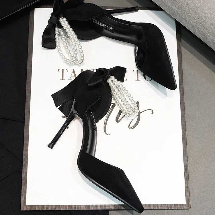 Wens Fashion Bow Sandals Summer Black Simation Pearls Shoes Sexy Pointed Stiletto Party Off High Hot New H Zapatos De Fiesta Z250121