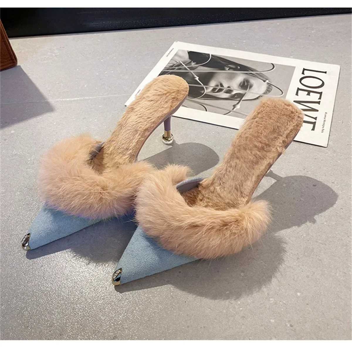 Wen High Heel Shoes 2024 Fur Slippers Mes Pointed Toe Furry Slides Fashion Elegant New Designer Flip Hot Flops Off Pumps Z250121