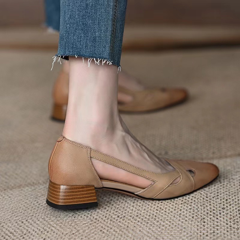Women Dress Shoes Fashion Chunky Heel New Style French Vintage Triple Apricot Free shipping