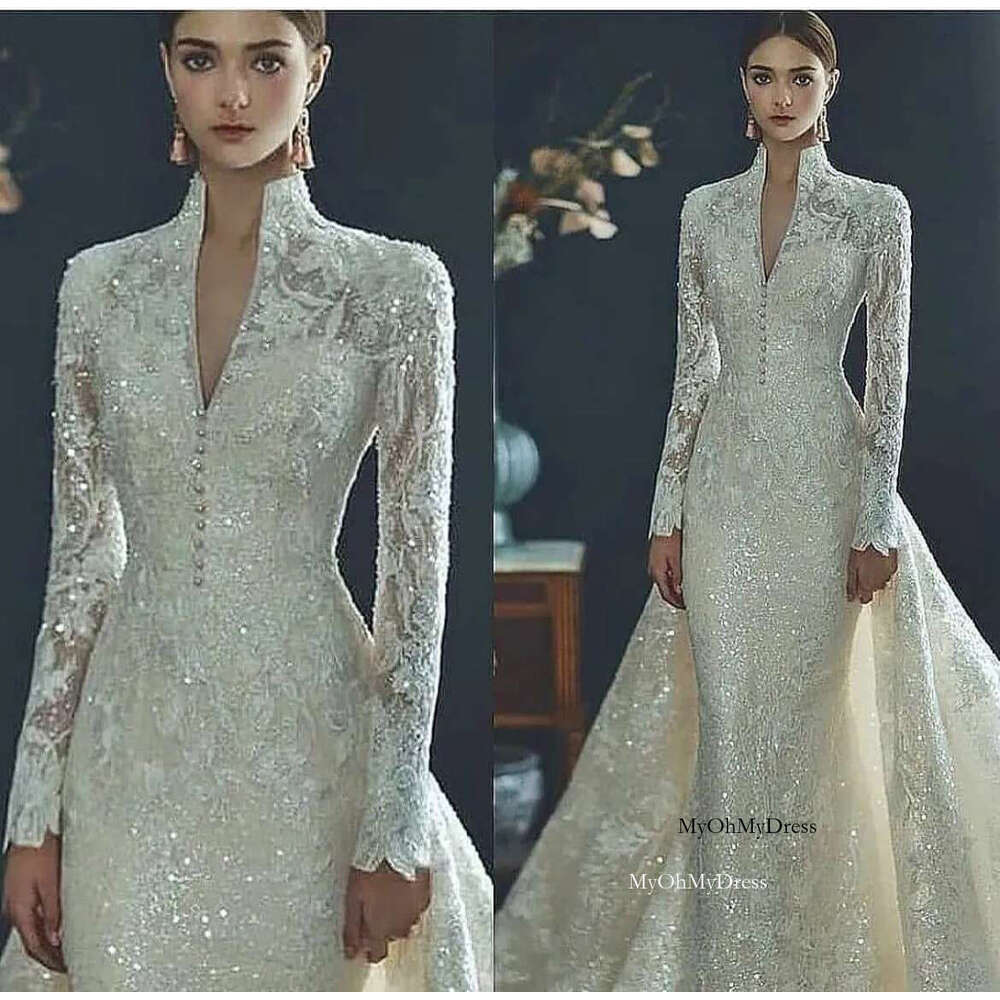 Elegant Mermaid Bridal Gowns High Neck Long Sleeves Custom Made Applique Race Wedding Dresses Court Train Satin Ruched Tulle Beach Vestido De Noiva 01