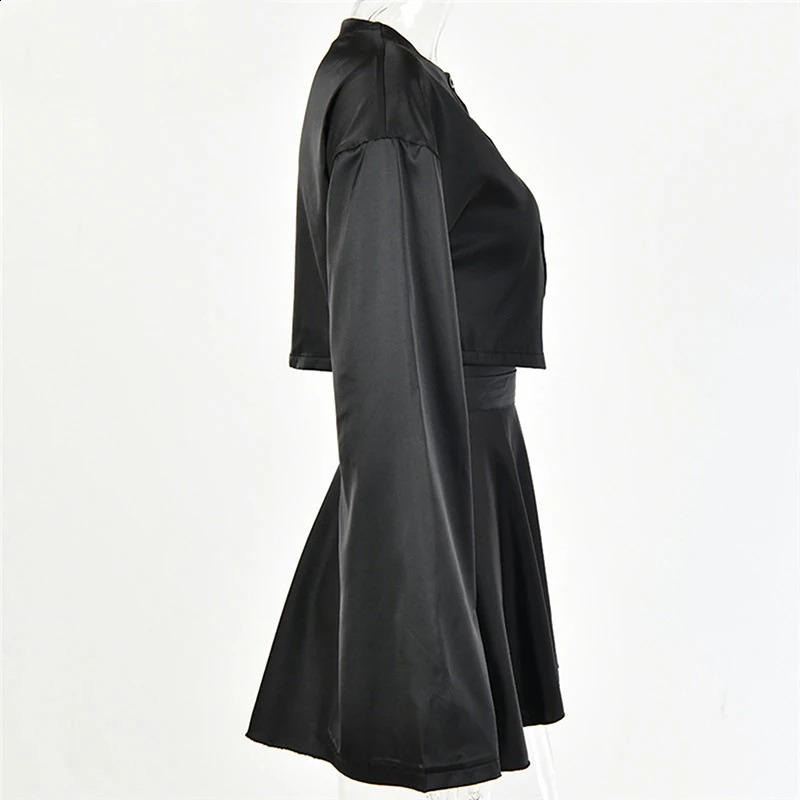 White Elegant Satin 2 Two Piece Set Women Lantern Long Sleeve Crop Tops Cardigan Sexy High Waist Mini Tennis Sport Skirts 250109