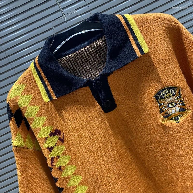 Men's Polos House Of Error Eye Truth Diamond Vertical Pattern Collision Jacquard Polo Collar Orange Short Sleeve Sweater Clothing