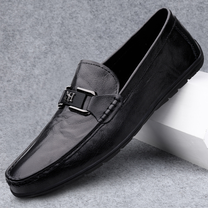 Live streaming cowhide men's bean cold adhesive shoes hot selling breathable and comfortable casual leather shoes men's set feet loafers men