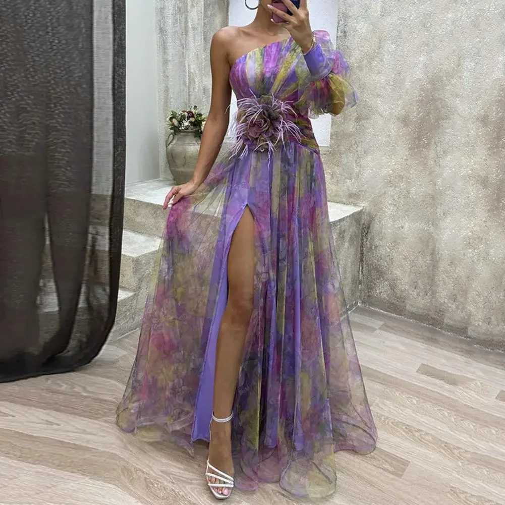 Basic Casual Dresses Elegant Formal Party Dress Elegant One Shoulder Tie-dye Ball Gown with Mesh Bubble Slves Split Hem Womens Evening Dress H25121